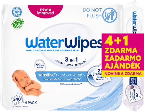 Vlhčené utierky Sensitive (4x60 ks) + Soothing Clean (1x60 ks) WaterWipes