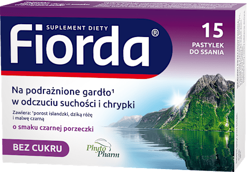 Pastylki na podrażnione gardło i krtań o smaku czarnej porzeczki Fiorda