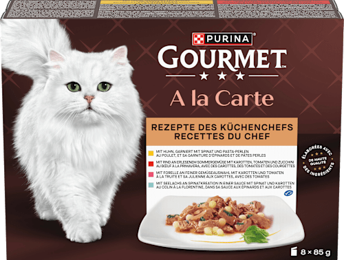 Nassfutter Katze, Huhn, Forelle, Rind & Seelachs, à la carte - Rezepte des Küchenchefs, Multipack (8x85  g) Purina Gourmet