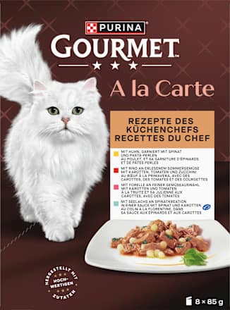 Nassfutter Katze, Huhn, Forelle, Rind & Seelachs, à la carte - Rezepte des Küchenchefs, Multipack (8x85  g) Purina Gourmet