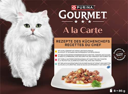 Nassfutter Katze, Huhn, Forelle, Rind & Seelachs, à la carte - Rezepte des Küchenchefs, Multipack (8x85  g) Purina Gourmet