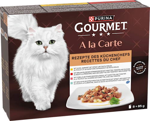 Nassfutter Katze, Huhn, Forelle, Rind & Seelachs, à la carte - Rezepte des Küchenchefs, Multipack (8x85  g) Purina Gourmet