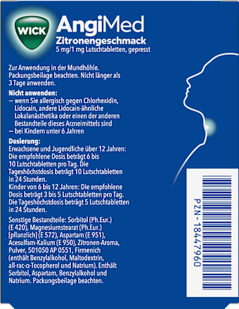 WICK AngiMed Lutschtabletten 5mg/1mg Chlorhexidindihydrochlorid/Lidocainhydrochlorid Monohydrat mit Zitronengeschmack WICK