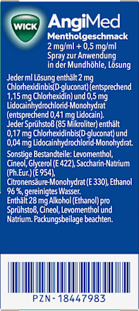 WICK AngiMed Spray zur Anwendung in der Mundhöhle 2mg/ml + 0,5mg/ml Chlorhexidinbis(D-gluconat)/Lidocainhydrochlorid-Monohydrat mit Mentholgeschmack WICK