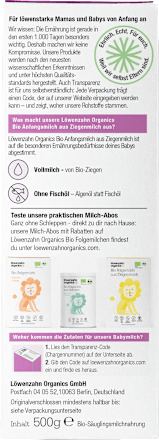 Anfangsmilch Pre auf Ziegenmilchbasis von Geburt an Löwenzahn Organics