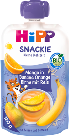 Bio gyümölcspüré, Snackie, mangó, banán, narancs, körte és rizs HiPP