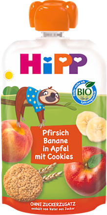 Bio bébidesszert almával, banánnal, őszibarackkal és keksszel 1 éves kortól HiPP