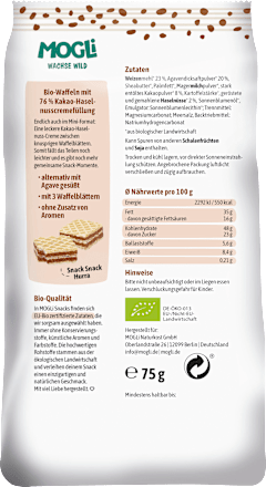 Kindersnack Mini Kakao Waffeln mit Haselnüssen MOGLi
