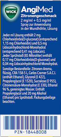 WICK AngiMed Spray zur Anwendung in der Mundhöhle 2mg/ml + 0,5mg/ml Chlorhexidinbis(D-gluconat)/Lidocainhydrochlorid-Monohydrat mit Zitronengeschmack WICK