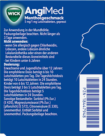 WICK AngiMed Lutschtabletten 5mg/1mg Chlorhexidindihydrochlorid/Lidocainhydrochlorid Monohydrat mit Mentholgeschmack WICK