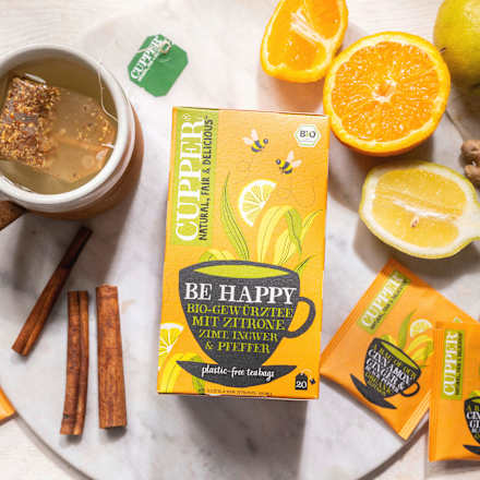 Gewürztee "Be Happy" mit Zitrone, Zimt, Ingwer, schwarzer Pfeffer (20 Beutel) Cupper
