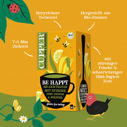 Gewürztee "Be Happy" mit Zitrone, Zimt, Ingwer, schwarzer Pfeffer (20 Beutel) Cupper
