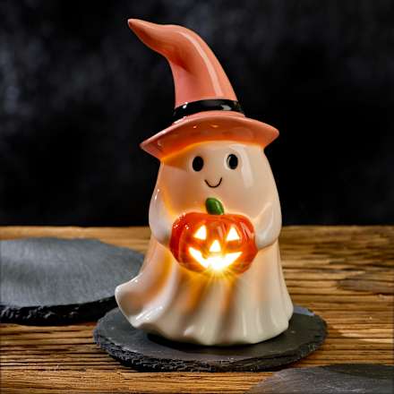 LED-Keramikgeist mit Hut & Kürbis (14 cm) Dekorieren & Einrichten