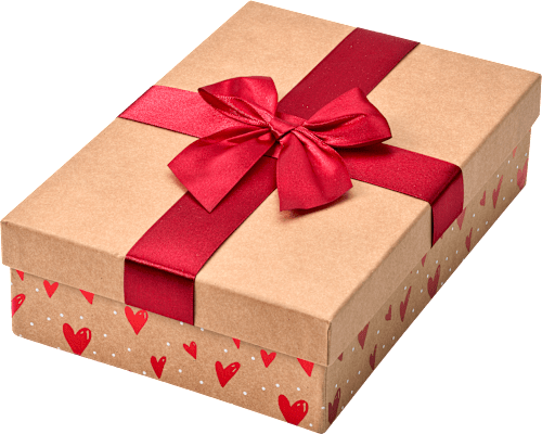 Geschenkbox braun mit roter Stoffschleife & Herzen (26x18x7 cm) BOLTZE