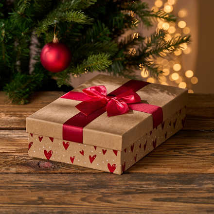 Geschenkbox braun mit roter Stoffschleife & Herzen (26x18x7 cm) BOLTZE