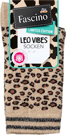 Socken mit Leo-Muster & Glitzer-Bund beige & schwarz Gr. 35-38 Fascino