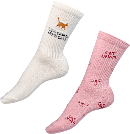 Crew Socken mit Katzen-Motiv beige + rosa Gr. 35-38 Fascino