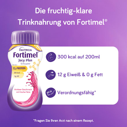 Fortimel Jucy Plus Trinknahrung Himbeere frische Note 4 x 200ml Fortimel