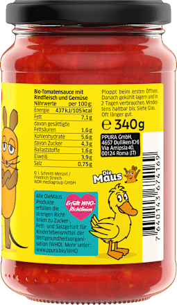 Tomatensauce, Bolognese mit Rindfleisch für Kinder PPURA