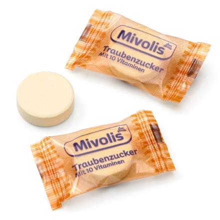 Hroznový cukor s 10 vitamínmi s pomarančovou príchuťou Mivolis