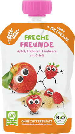 Quetschie Apfel, Erdbeere, Himbeere mit Grieß, ab 6 Monaten Freche Freunde