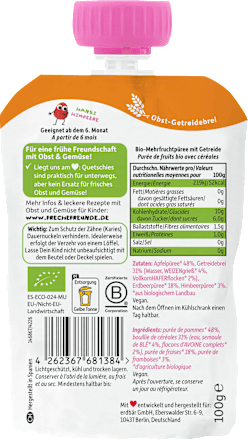 Quetschie Apfel, Erdbeere, Himbeere mit Grieß, ab 6 Monaten Freche Freunde