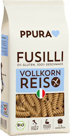 Nudeln, Fusilli aus Vollkornreis, glutenfrei PPURA