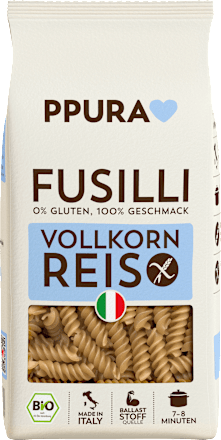 Nudeln, Fusilli aus Vollkornreis, glutenfrei PPURA
