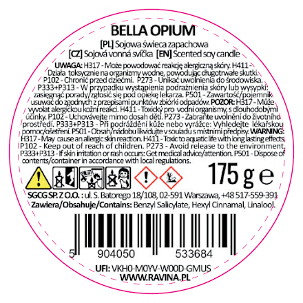 Świeca sojowa zapachowa w szkle Bella Opium ravina