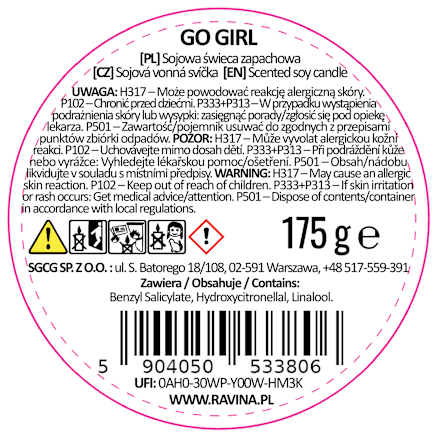 Świeca sojowa zapachowa w szkle Go Girl ravina