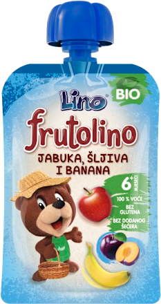 Frutolino Bio voćni pire jabuka, šljiva, banana, 6+ mj. Lino
