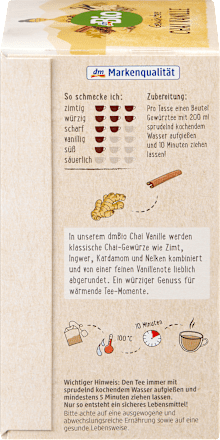 Gewürztee, Chai Vanille mit Zimt, Ingwer & Vanille (20 x 2g) dmBio