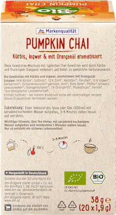 Gewürztee, Pumpkin Chai mit Kürbis, Ingwer & Orangenöl (20 Beutel) dmBio