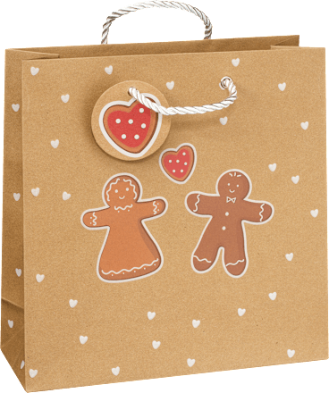 Geschenktasche Lebkuchen Pärchen, allover & Häuser, midi quadratisch veredelt NK Profissimo