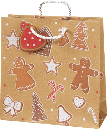 Geschenktasche Lebkuchen Pärchen, allover & Häuser, midi quadratisch veredelt NK Profissimo