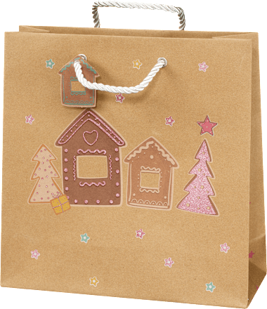 Geschenktasche Lebkuchen Pärchen, allover & Häuser, midi quadratisch veredelt NK Profissimo