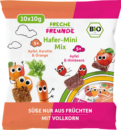 Kindersnack Hafer-Mini Mix Karotte, Apfel, Orange & Apfel, Himbeere ab 3 Jahren Freche Freunde