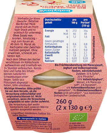 Frucht & Getreide Bircher Müsli Pfirsich, Maracuja in Apfel ab dem 10. Monat (2 x 130 g) babylove