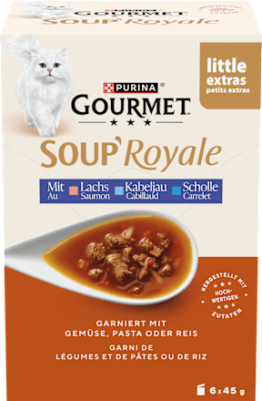 Katzensnack Soup Royale mit Lachs, Kabeljau und Scholle (6 x 45g) Purina Gourmet