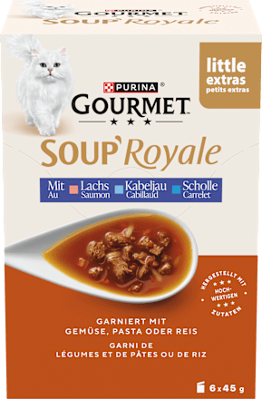 Katzensnack Soup Royale mit Lachs, Kabeljau und Scholle (6 x 45g) Purina Gourmet
