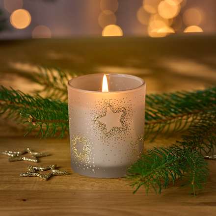 Kerzenglas gefüllt  satiniert mit Glittersternchen, greige (8 cm) Dekorieren & Einrichten