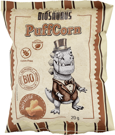 Bio Kukuričný snack s príchuťou slaného masla PuffCorn - solený BioSaurus