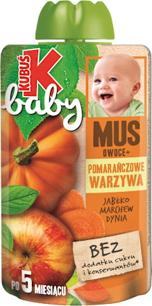 Mus owoce + pomarańczowe warzywa, jabłko, marchew, dynia, po 5. miesiącu KUBUŚ baby