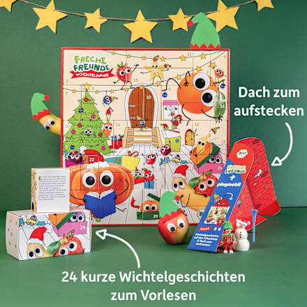Adventkalender Wichtelhaus mit Bio-Kindersnacks + Playmobil Freche Freunde