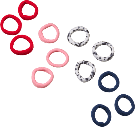 Haargummis in Box, Dalmatiner-Muster, rot, blau, rosa ebelin