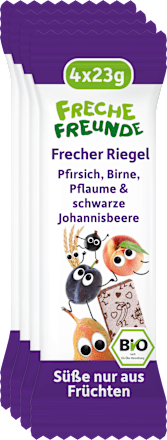 Fruchtriegel mit Getreide Pfirsich, Birne, Pflaume & schwarze Johannisbeere ab 3 Jahren, (4x23 g) Freche Freunde