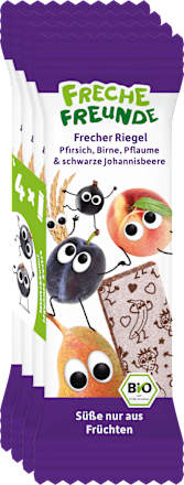 Fruchtriegel mit Getreide Pfirsich, Birne, Pflaume & schwarze Johannisbeere ab 3 Jahren, (4x23 g) Freche Freunde