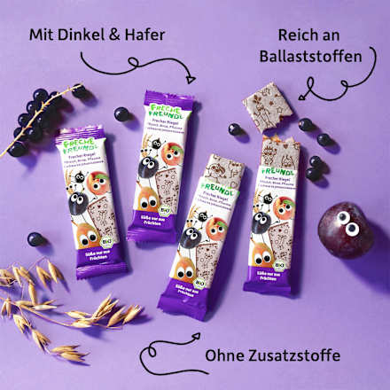 Fruchtriegel mit Getreide Pfirsich, Birne, Pflaume & schwarze Johannisbeere ab 3 Jahren, (4x23 g) Freche Freunde