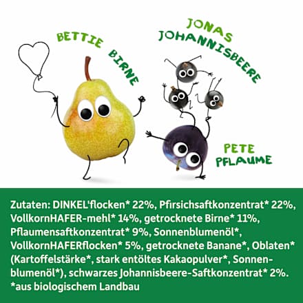 Fruchtriegel mit Getreide Pfirsich, Birne, Pflaume & schwarze Johannisbeere ab 3 Jahren, (4x23 g) Freche Freunde