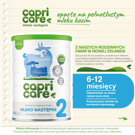 Mleko następne na bazie mleka koziego dla niemowląt po 6. miesiącu życia capricare